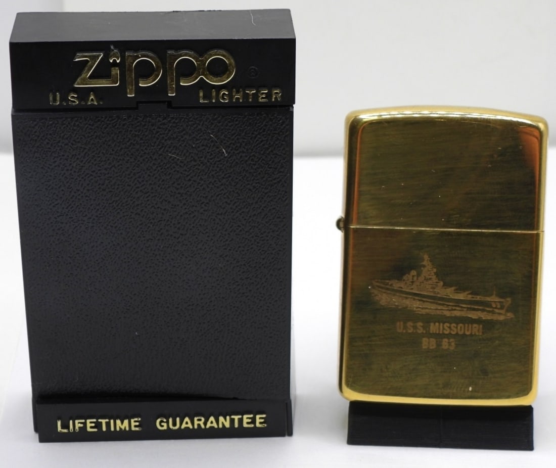 1932-1988 Zippo U.S.S Missouri Unfired: Unfired. In a box. 1932-1999. Etched with U.S.S Missouri BB 63 on the front.
