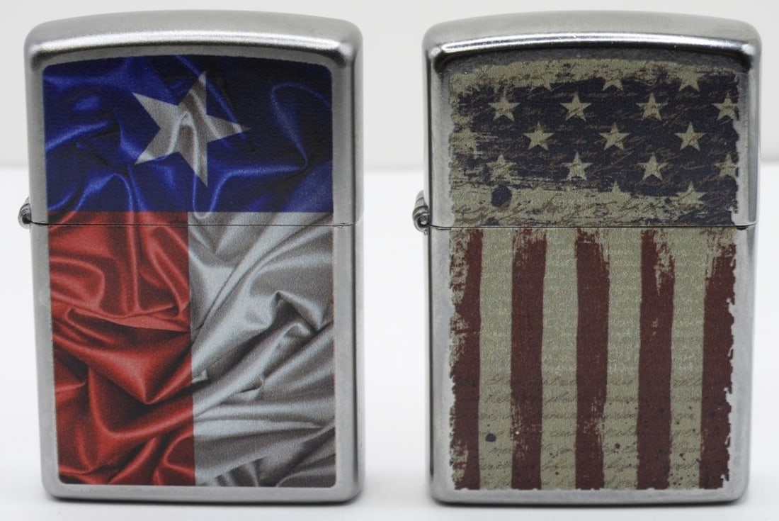 2017 USA & Texas Flag Zippos Sealed: Both are sealed from 2017. They do not come in boxes. One USA flag and one Texas flag.