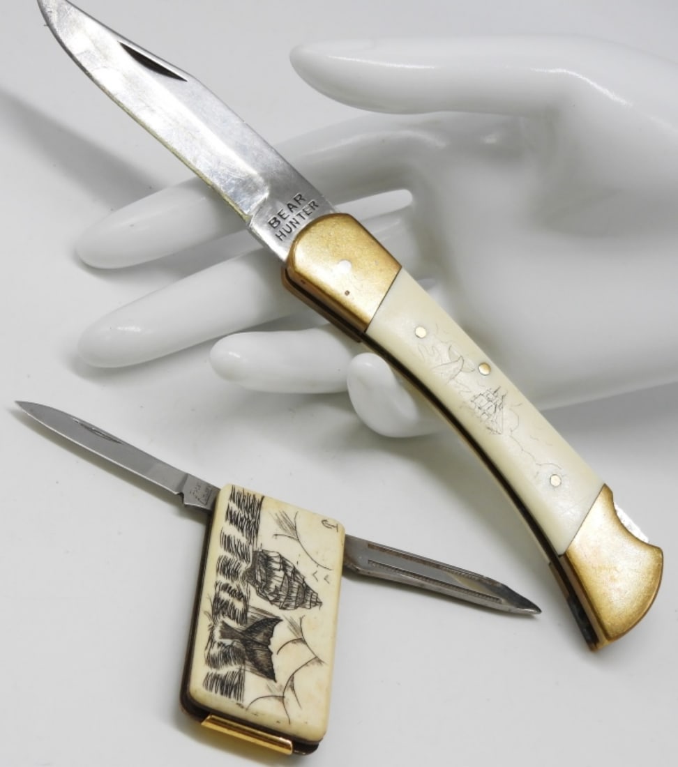 (2) Knives With An Ocean Scene Handle: 1) One side says Hawaii. Bear Hunter lock-back. 2) Flat utility pocket knife