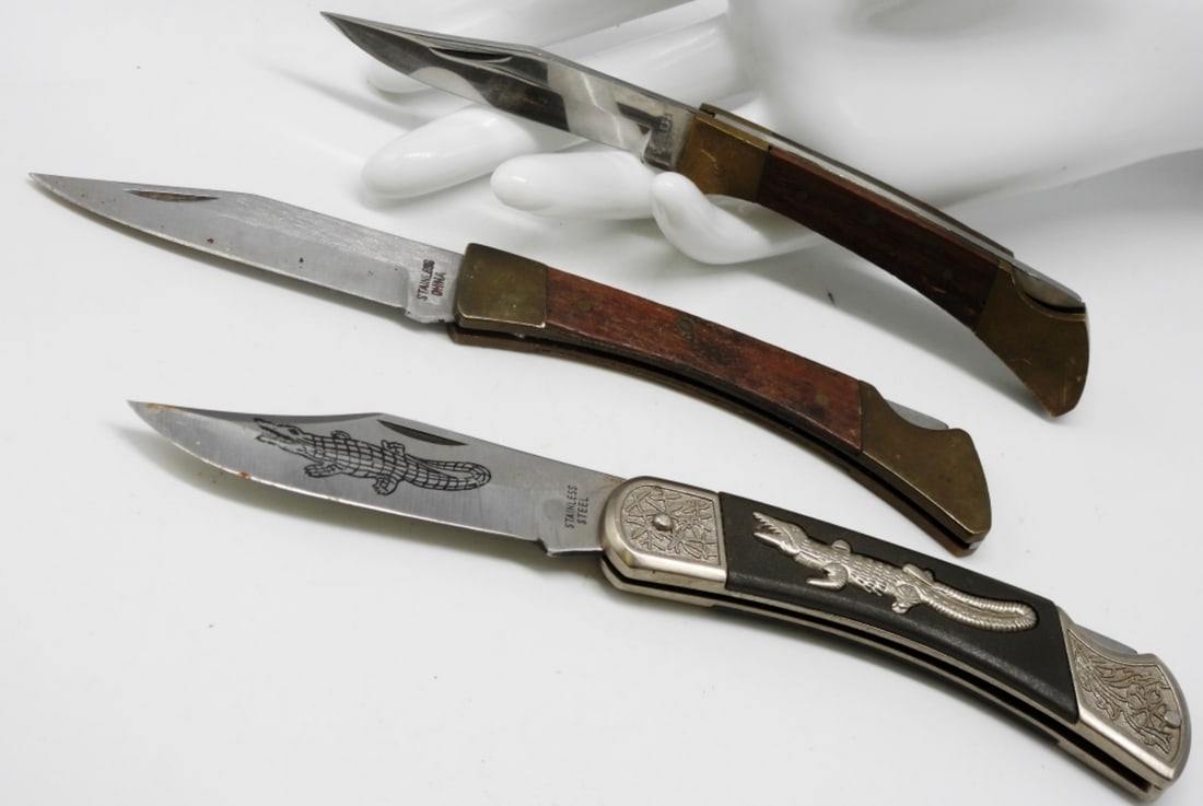 (3) Lock-Back Pocket Knives: (2) are stainless steel lock-back (1) Made in China. It has an alligator handle and blade