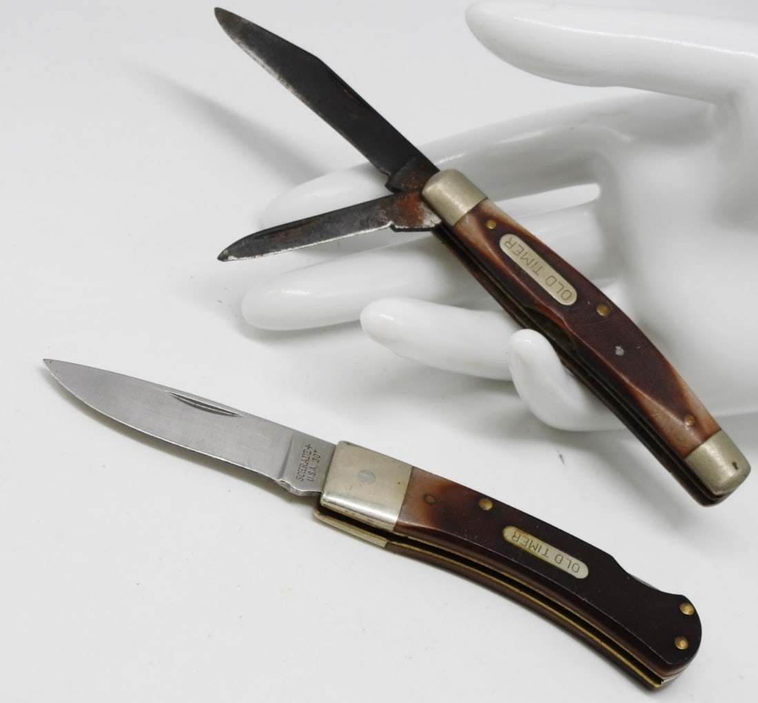 (2) Schrade Old Timer Pocket Knives: 1) 30T single-blade. 2) 330T double-blade. The small blade is bent on the tip.