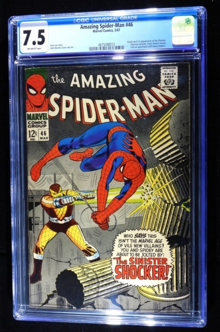 CGC 7.5 Amazing Spider-Man #46 1967: CGC 7.5 Off-white pages. Marvel Comics, 1967. Origin and 1st appearance of Shocker (Herman Schultz). Peter Parker moves into an apartment with Harry Osborn.