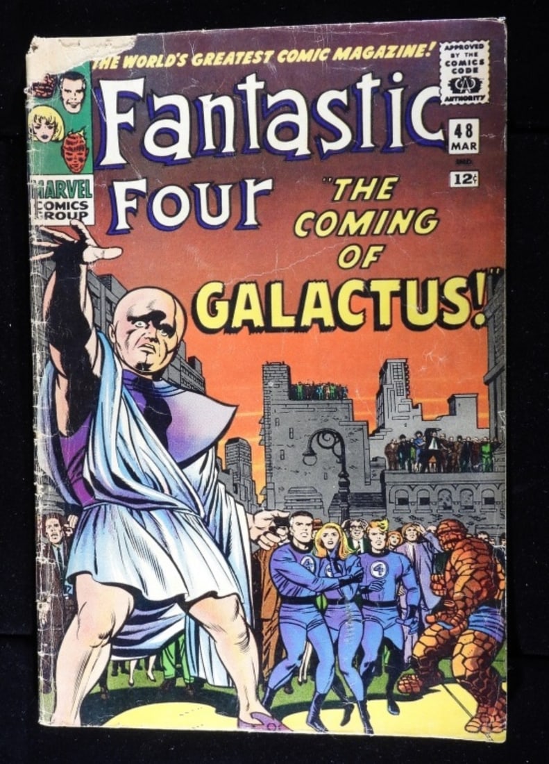 #48 Fantastic Four 1966 Marvel (F): Fair condition for this issue with the top left corner is ripped, has creases, and has water spots. 1st appearance of Silver Surfer, 1st cameo appearance of Galactus