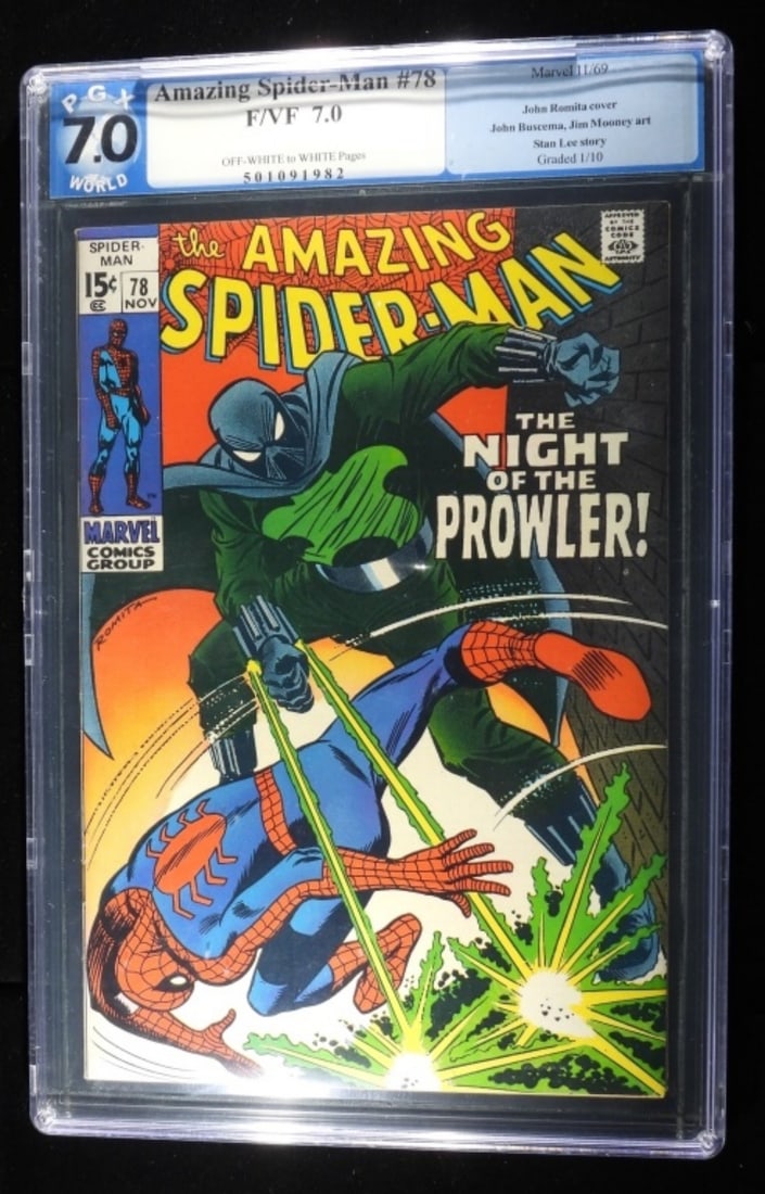 PGX World 7.0 Amazing Spider-Man #78 1969: PGX World. 7.0 F/VF. Off-white to white pages. 1969 Marvel Comics. John Romita cover. John Busceme, Jim Mooney art. Graded 1/10