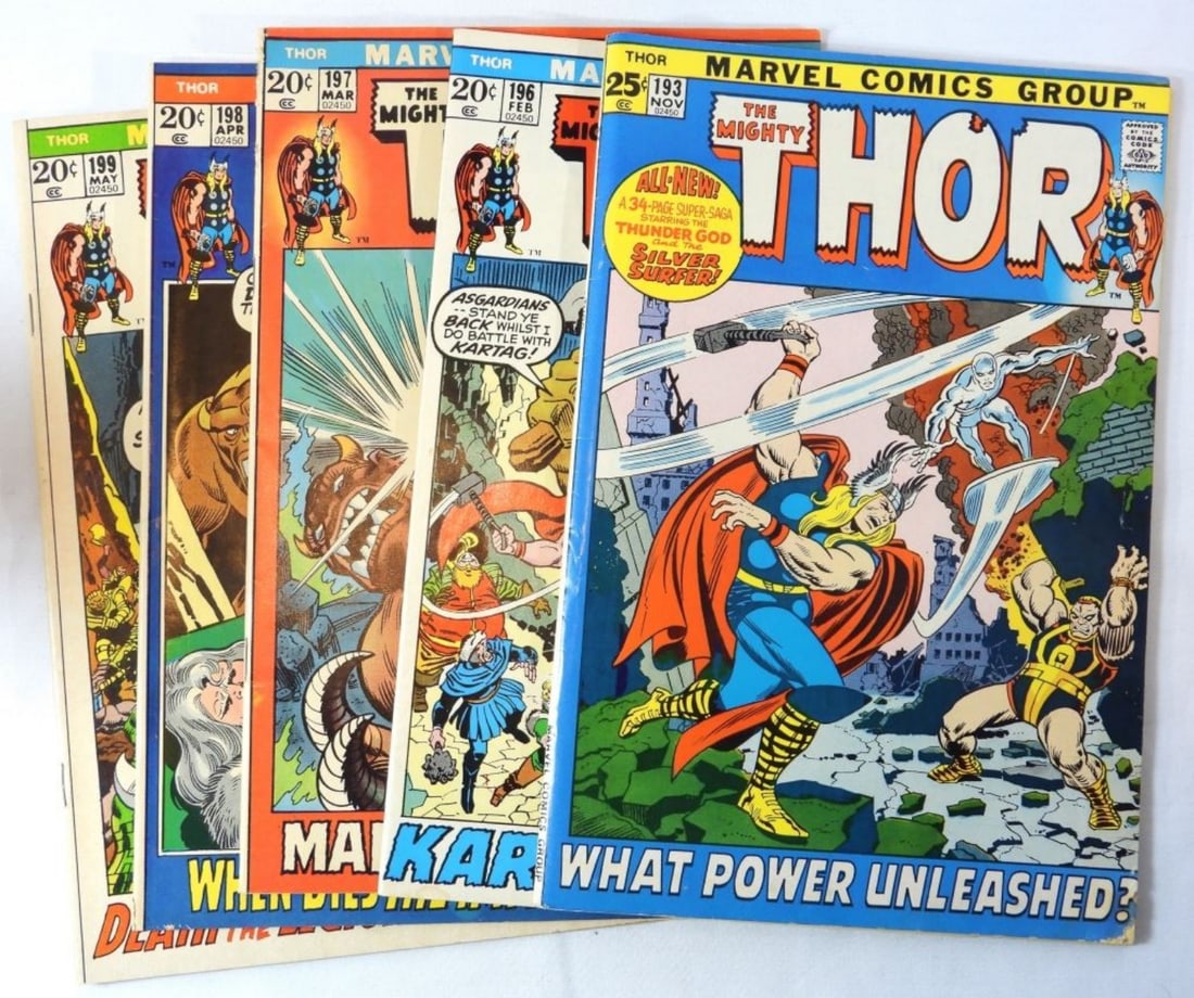 (5) Marvel The Mighty Thor #193,196-199 (G/VG): Year 1972. G/VG condition, creasing, watermarks. Issue #193,196,197,198,199. 2O & 25-cent issues