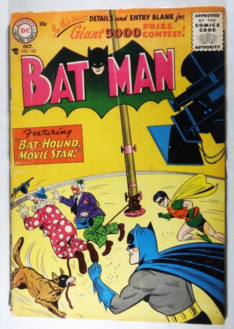 1956 DC Comics Batman #103 (G): In good condition. With creasing, around corners, along with normal wear from the years. 10-cent issue.