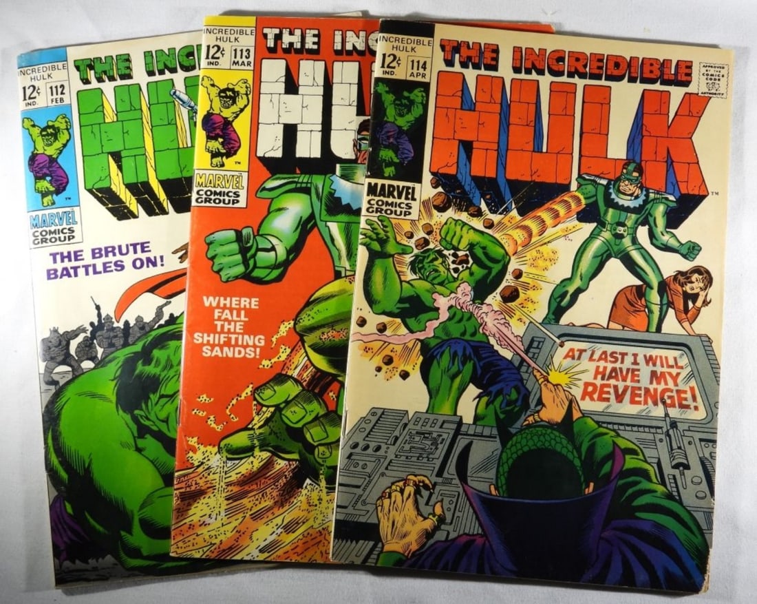 (3) The Incredible Hulk Marvel #112,113,114 (G): G condition. Creasing, discoloration, #113,114, left bottom corner does have rips. 12-cent issues