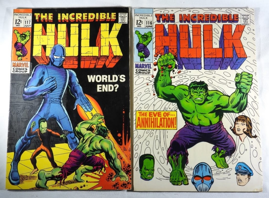 #116 & 117 The Incredible Hulk Marvel (G/VG): G/VG condition. 12-cent issues. #116 Little rips along the edges, discoloration. #117 Creasing along the comic. Along with normal wear from the years