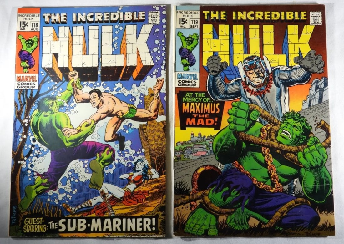 #118 & 119 The Incredible Hulk Marvel (G/VG): G/VG condition. 15-Cent issues. #118 Normal wear from the years. The bottom corner does have a little shredding (see photo) #119, some creasing along the comic with normal wear from the years