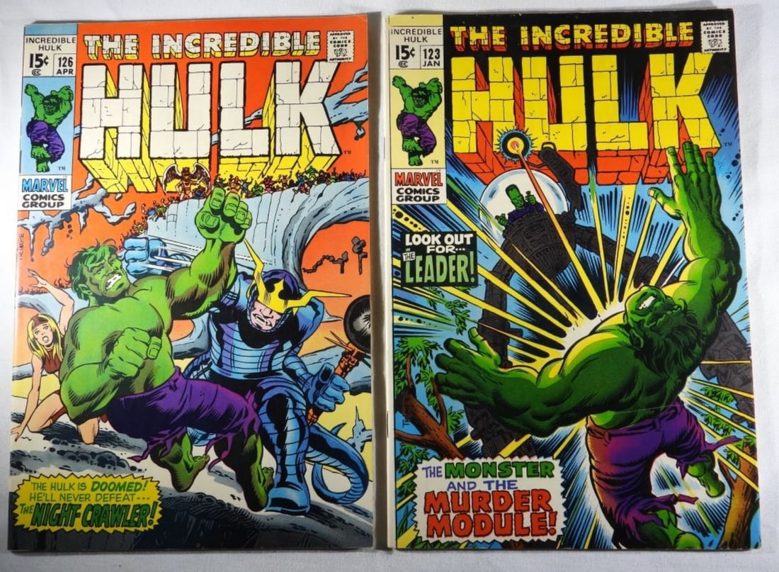 (2) The Incredible Hulk #123 & 126 (G/VG): Both from 1970. 15-cent issues. #123 is in good condition with creasing and rounded corners. #126 g/vg with creasing along the spine. 1St appearance of Babra Norris, later becomes Valkyrie