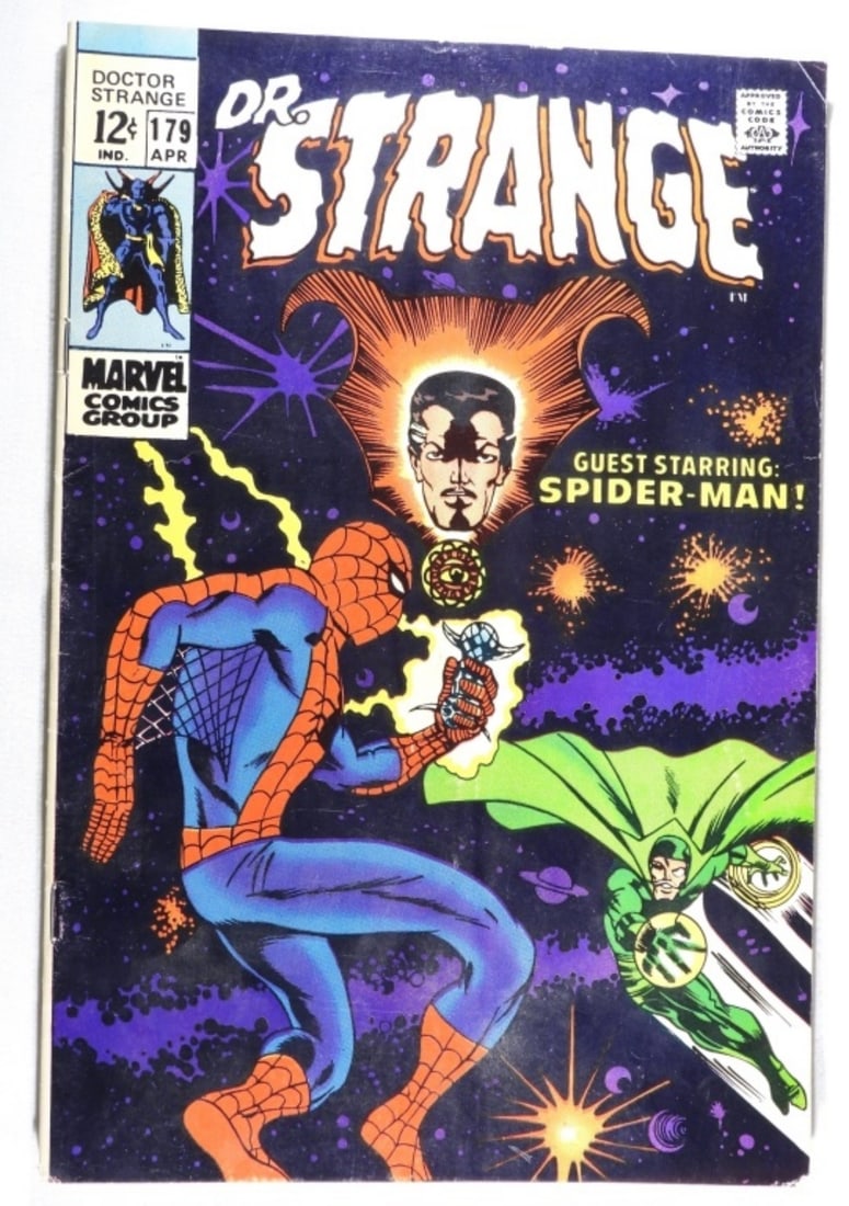 #179 Marvel Dr. Strange (G/VG) 1969: 1969, Marvel, G/VG condition with some creasing and a few minor rips on the corners. Reprint of Amazing Spider-Man Annual #2, the first meeting of Doctor Strange and Spider-Man. 12-cent issue