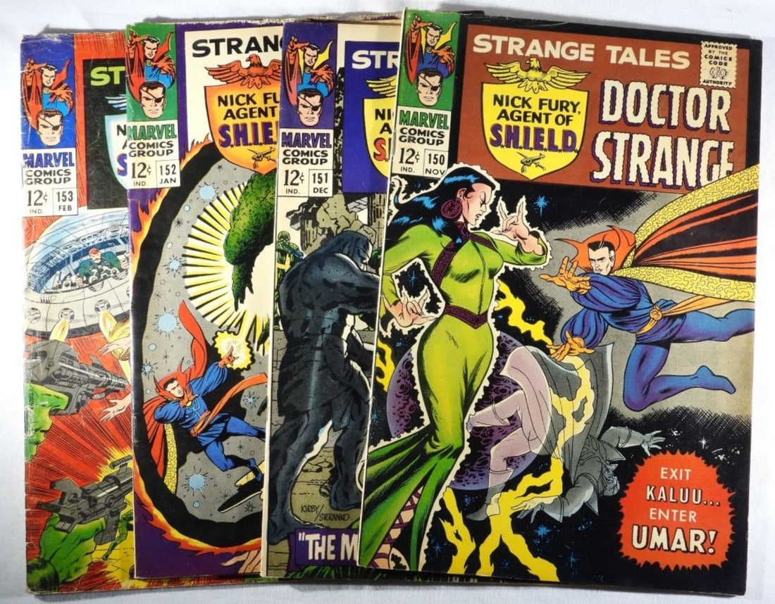 (4) Strange Tales Doctor Strange Marvel (F/G): 1966-1967. Marvel. Strange Tales Nick Fury Agent Of S.H.I.E.L.D Doctor Strange #150,151,152,153. F/G condition with creasing, rips, discoloration. 12-cent issue