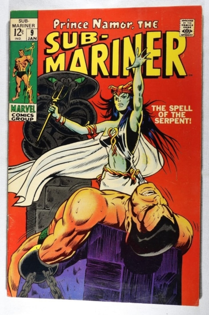 Silver Age Sub-Mariner #9 Marvel (G/VG): 1969. Marvel. Has creasing. Round edges. 12-cent comic. Helmet of Power revealed to be the Serpent Crown. 1st appearance of King Naga, a Lemurian emperor.