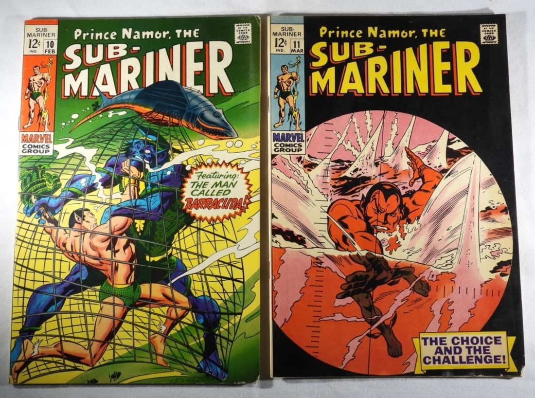 #10 & 11 Sub-Mariner Marvel (G) 1969: 1969. Marvel. Creasing, minor rips on the corners. #10 Origin of the Serpent Crown. 12-cent issues.