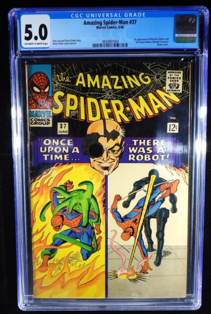CGC 5.0 Amazing Spider-Man #37 1966 Marvel: CGC 5.0, off-white to white pages. Marvel comics, 6/66. 1st appearance of Norman Osborn and the Robot-Master (Mendel Stromm), Robot Cover