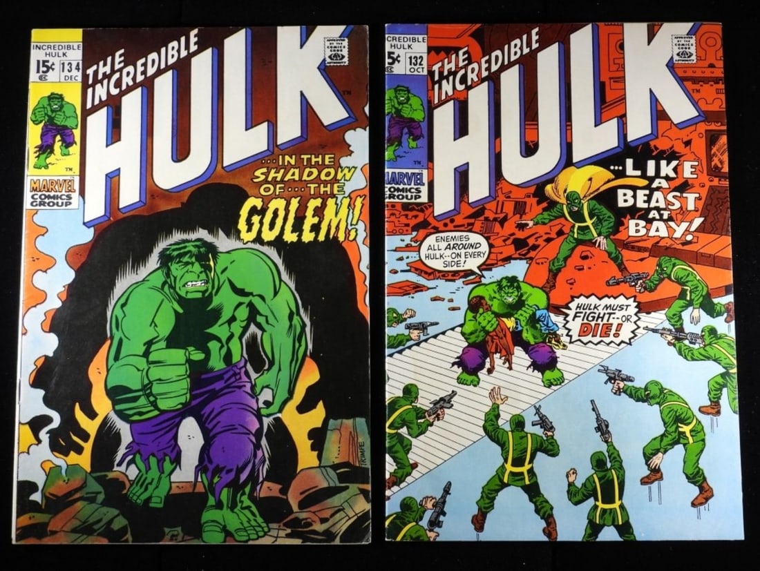 #132 & 134 The Incredible Hulk Marvel (G/VG): 1970. G/VG condition with some creases and water spots. 15-cent issues. #132,134