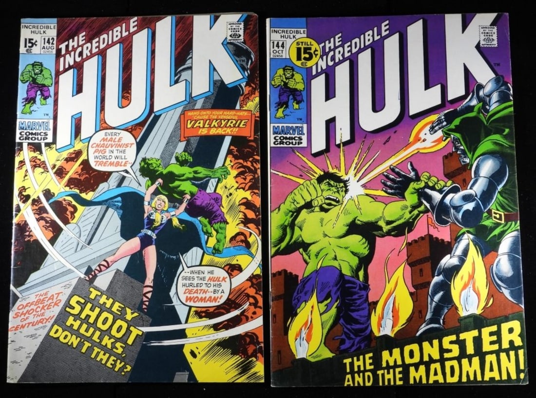 #142 & 144 The Incredible Hulk Marvel (G/VG): 1971 Marvel. Both in G/VG condition. Some creases and round corners. #142 1st appearance of Valkyrie, Samantha Parrington. 15-cent issues