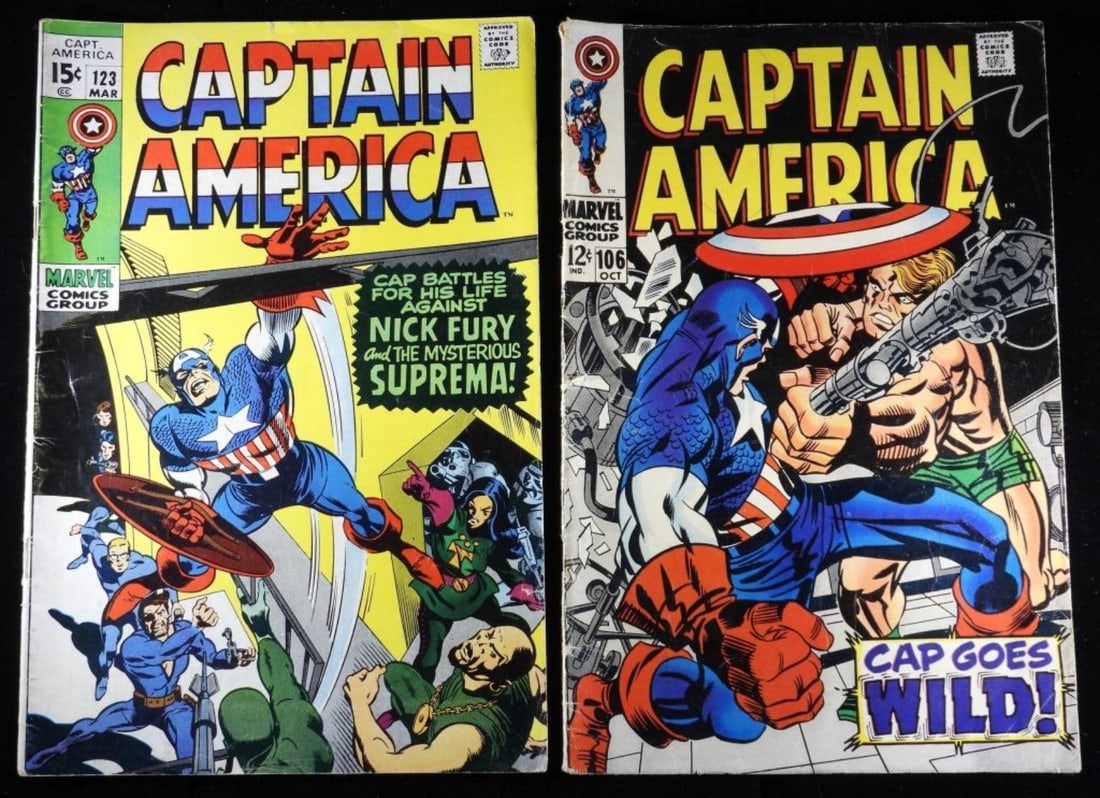 (2) Captain America Marvel #106,123 (G): Good condition with creasing and, water spots. #106,#123