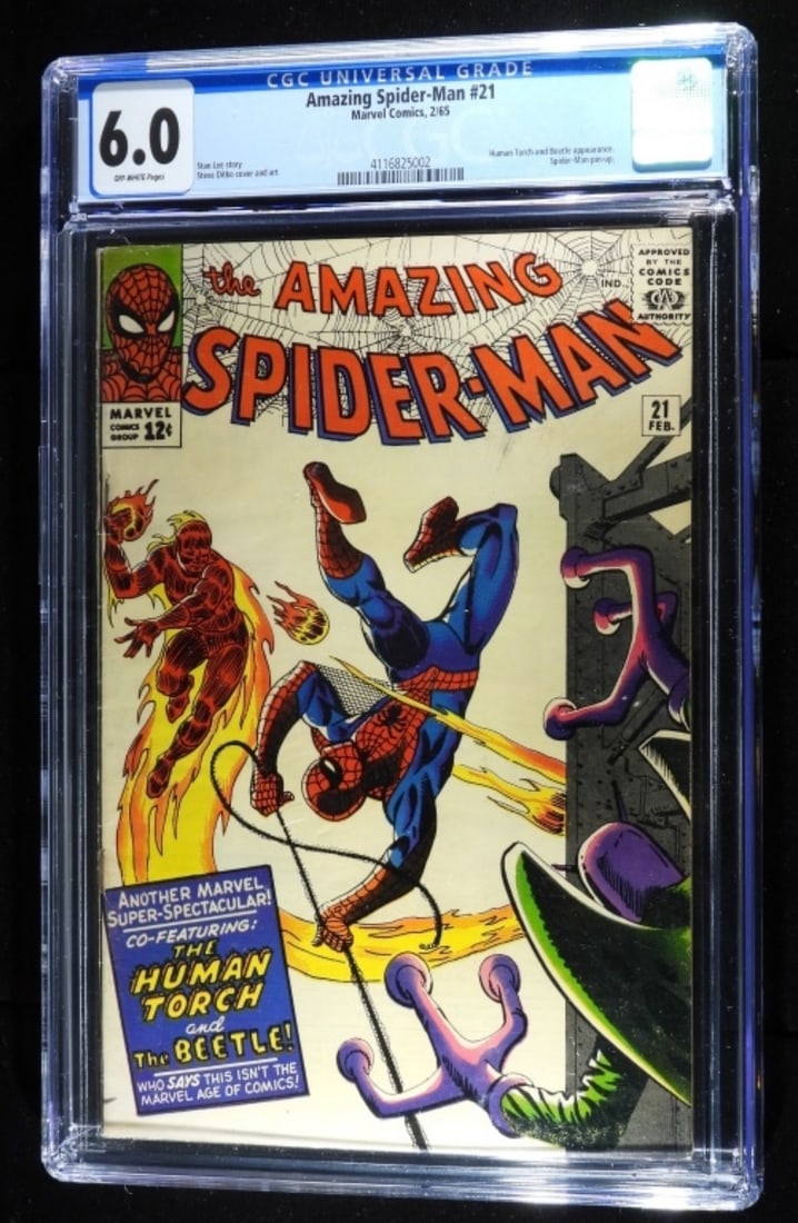 CGC 6.0 Amazing Spider-Man #21 Marvel 1965: CGC Amazing Spider-Man #21 Marvel Comics 1965. 6.0 Off white pages. Stan Lee's story. Steve Ditko cover and art. Human Torch and Beetle's appearance. Spider-Man pin-up