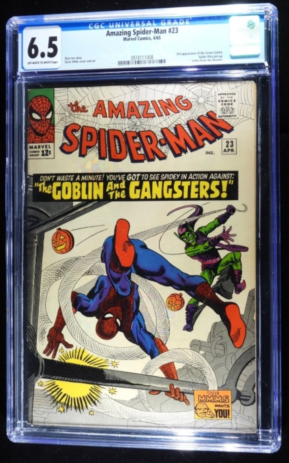 CGC 6.5 Amazing Spider-Man #23 Marvel 1965: CGC Amazing Spider-Man #23 Marvel Comics 1965. 6.5 Off-white to white pages. 3rd appearance of the Green Goblin. Spider-Man pin-up. Letter from Jim Shooter