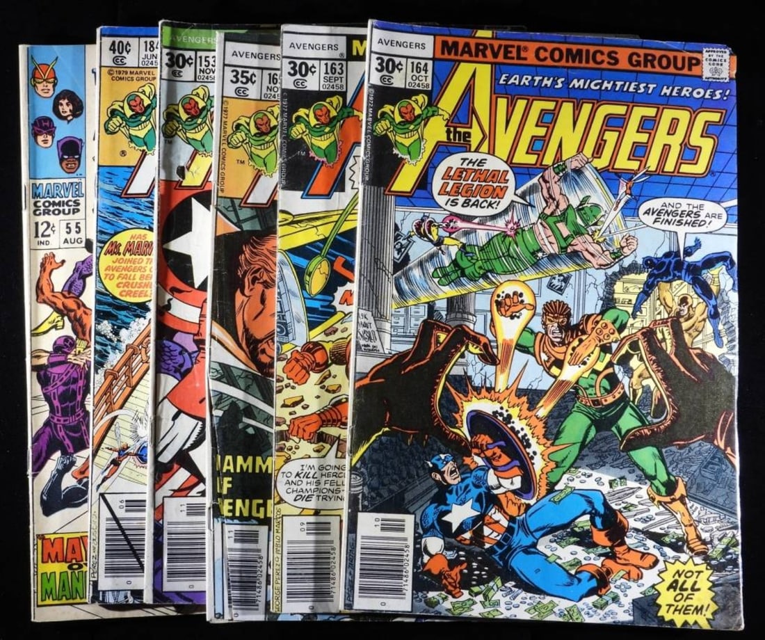 (6) Marvel The Avengers: (6) The Avengers, Earth's Mightiest Heroes! # 165, #163, #164, #153, #184, and The Avengers Mayhem Over Manhattan! #55. ( Has some wear on all the comics. )