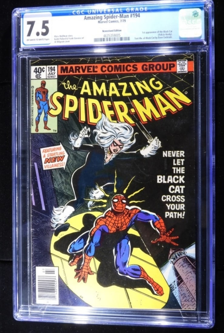 CGC 7.5 Amazing-Spider #194: CGC Amazing Spider-Man #194 1979 7.5 Off-white to white pages. Newsstand Edition. 1st appearance of the Black Cat (Felicia Hardy