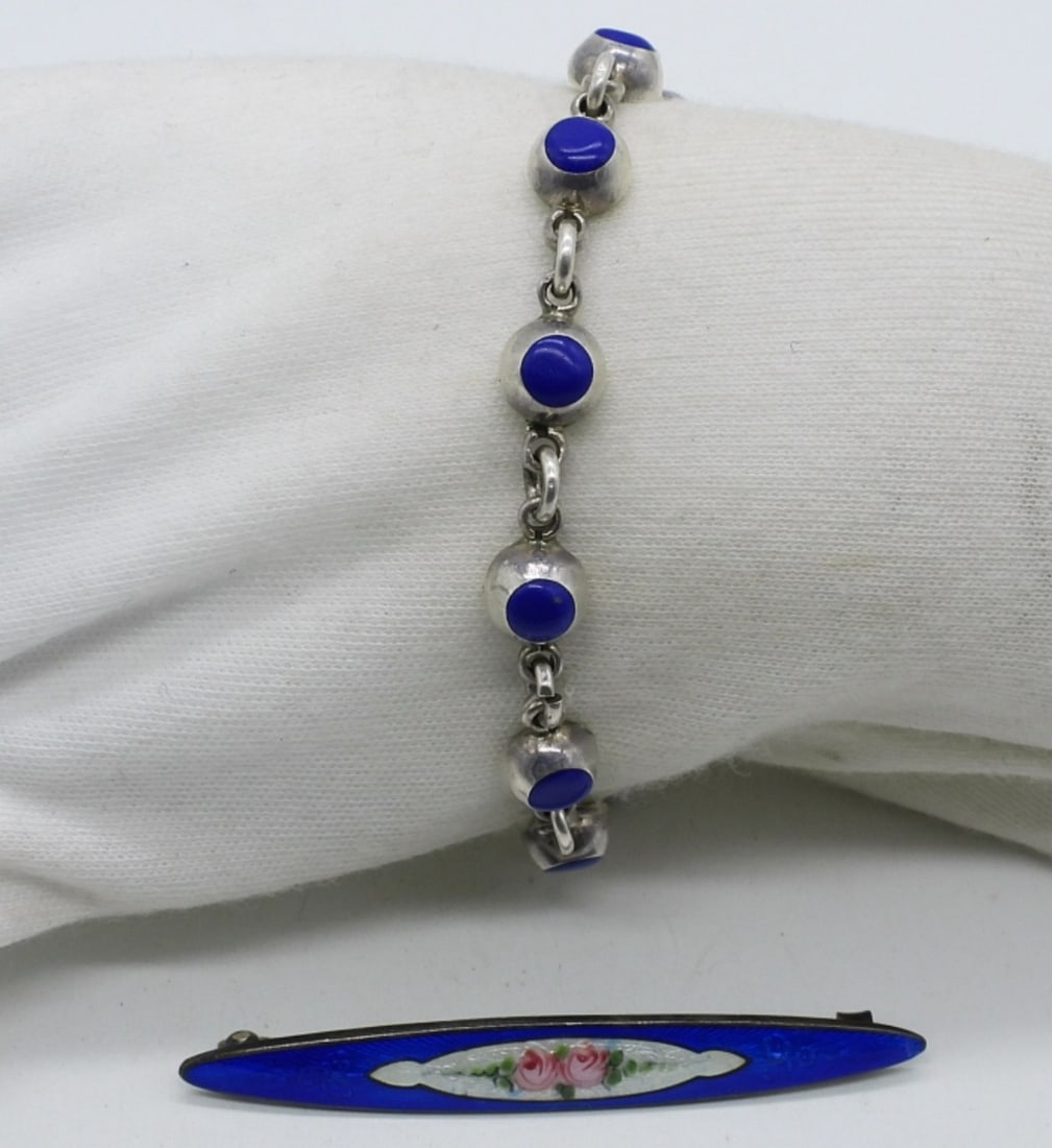 Vintage Enamel 925 Brooch & Lapis Bracelet (1 of 2)