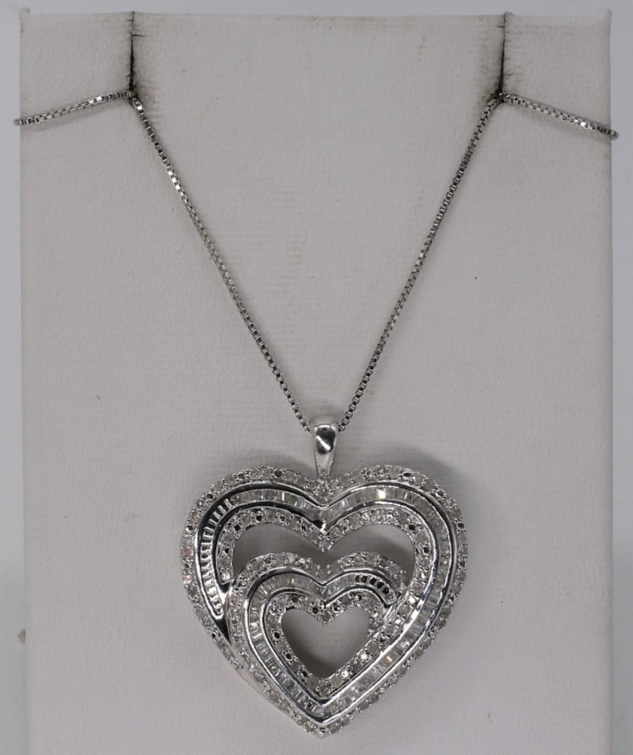 Large Heart Shaped Diamond Pendant 925: Sterling heart pendant with diamonds (tested), 1.5" long. On a sterling 18" chain. (4.2 dwt)