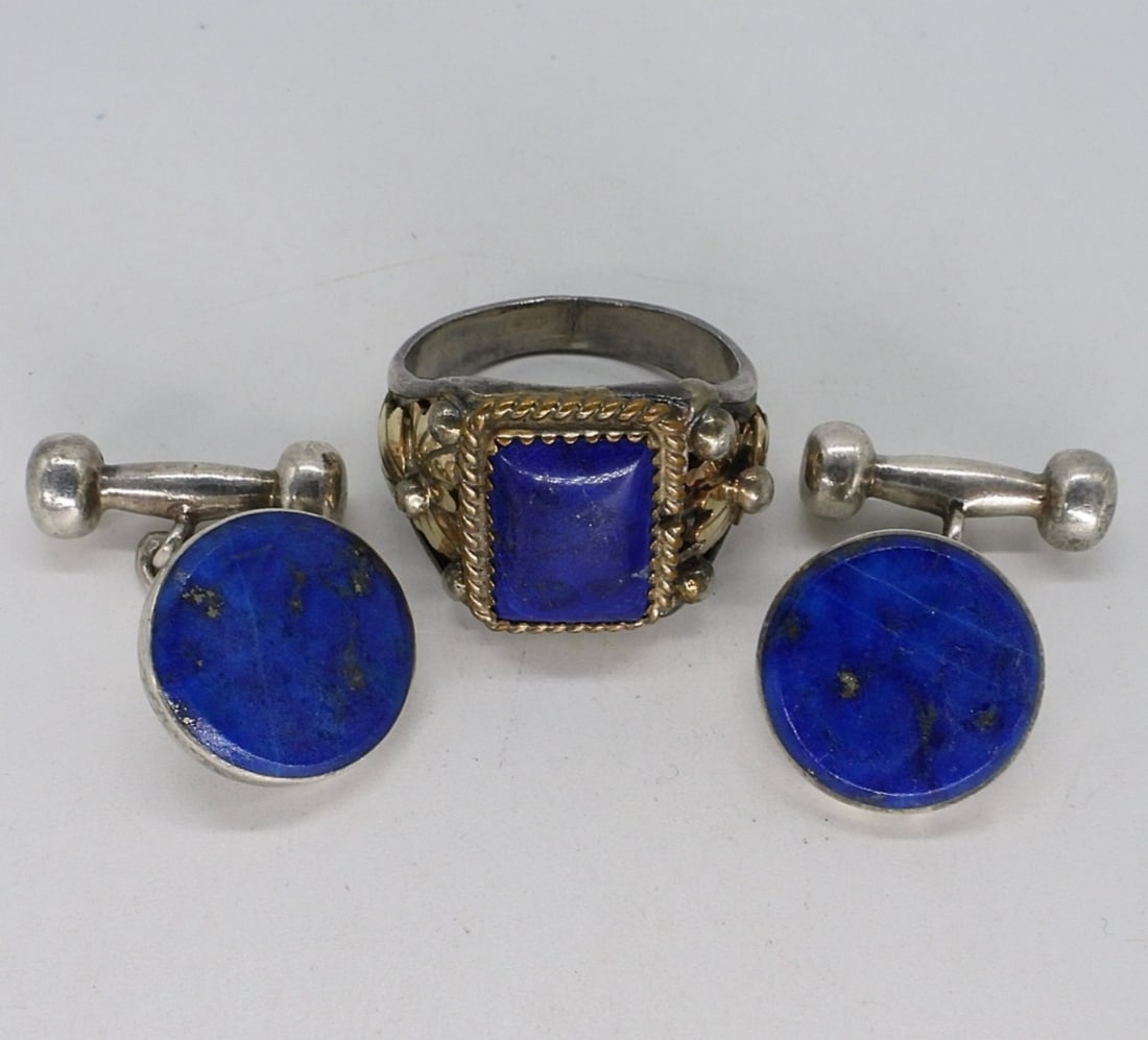 Lapis Lazuli Sterling Navajo Ring & Cufflinks (1 of 2)