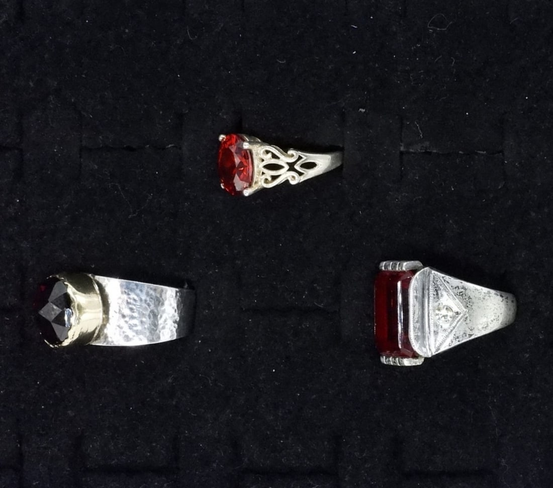 3 Simulated Ruby Sterling Rings - 2