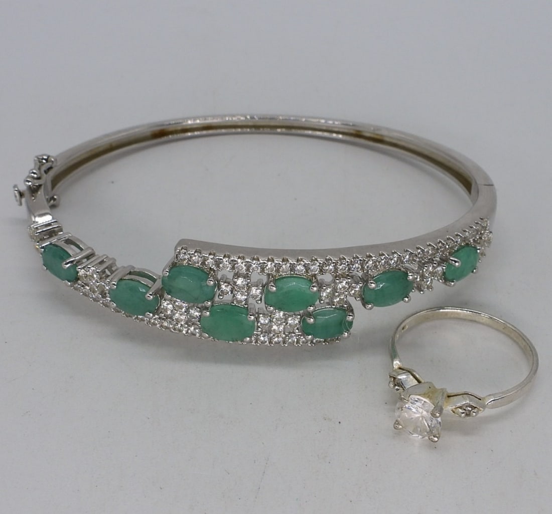 Natural Emerald 925 Bracelet & Ring (1 of 2)