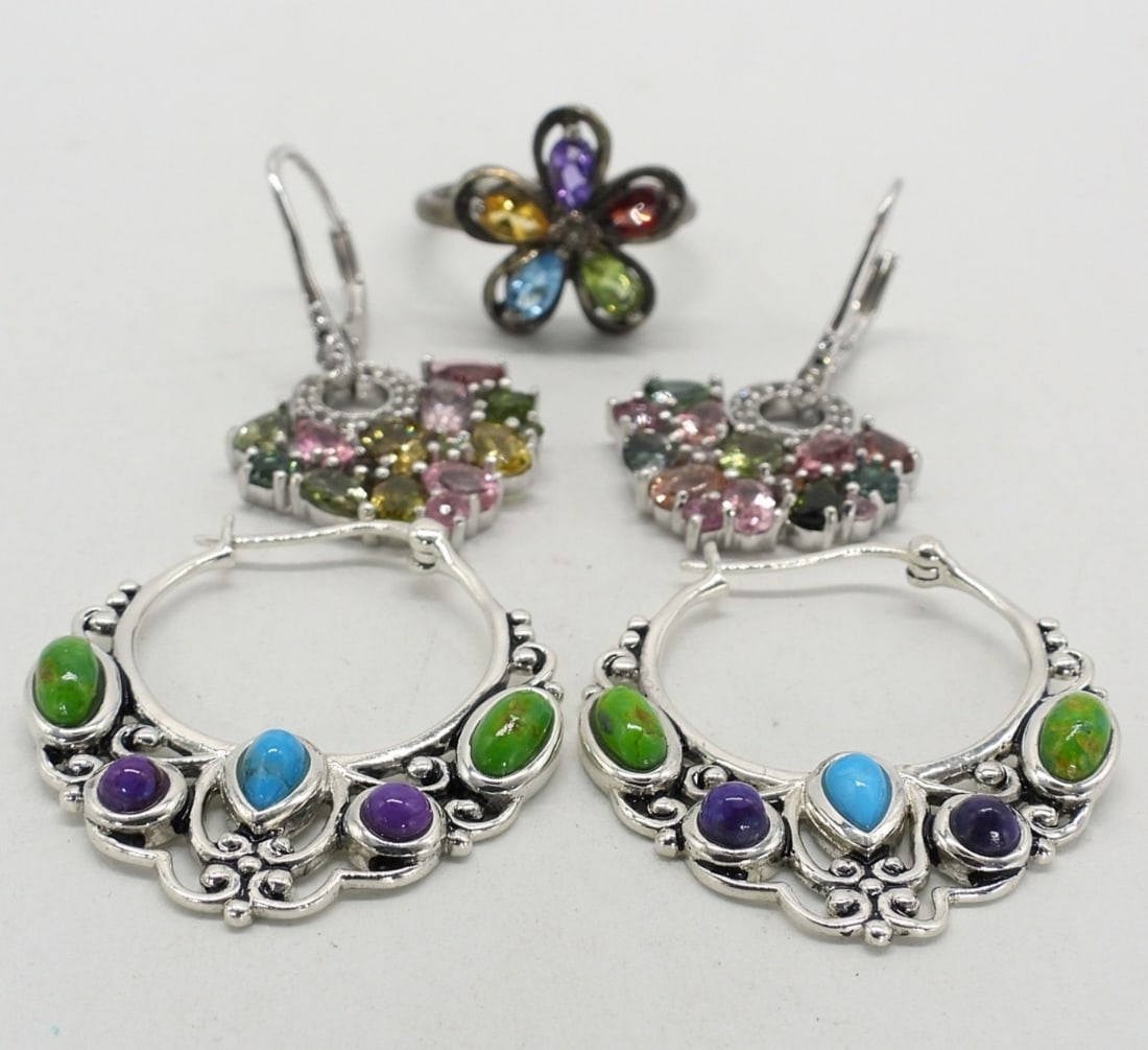 Multi Gemstone 925 Earrings & Ring - 2