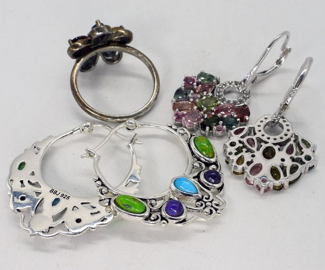 Multi Gemstone 925 Earrings & Ring - 3