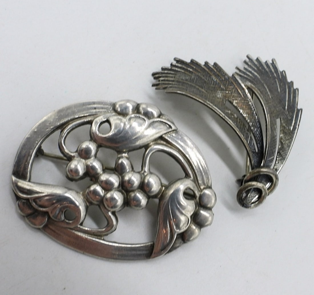 Danecraft & Coro Sterling Brooches: Danecraft leafy brooch, 2". Coro brooch, 2" x 1.5". (10.6 dwt)