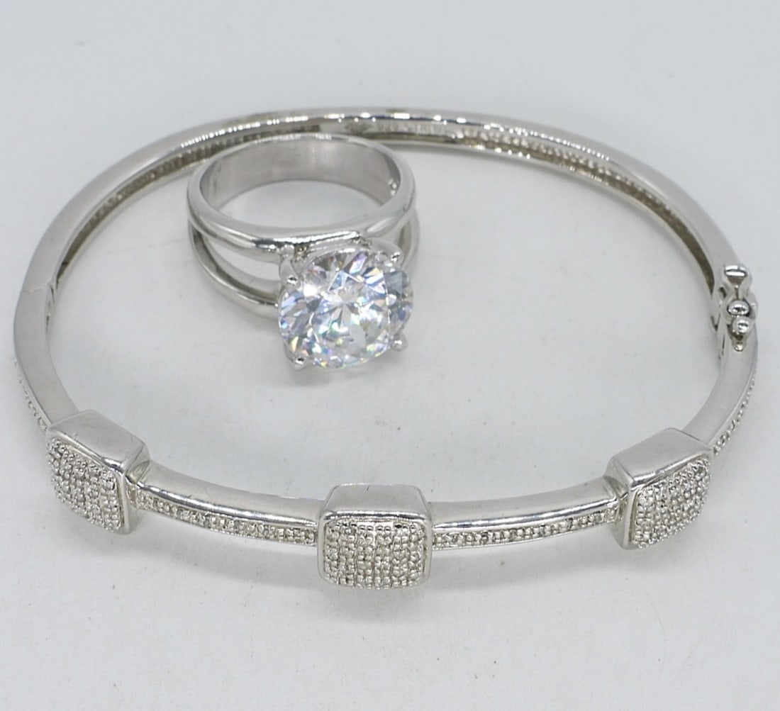 Moissanite 925 Hinged Bracelet & Ring: Sterling ISP brand, moissanite hinged bracelet. Simulated diamond 925 ring, size 8. (14 dwt)