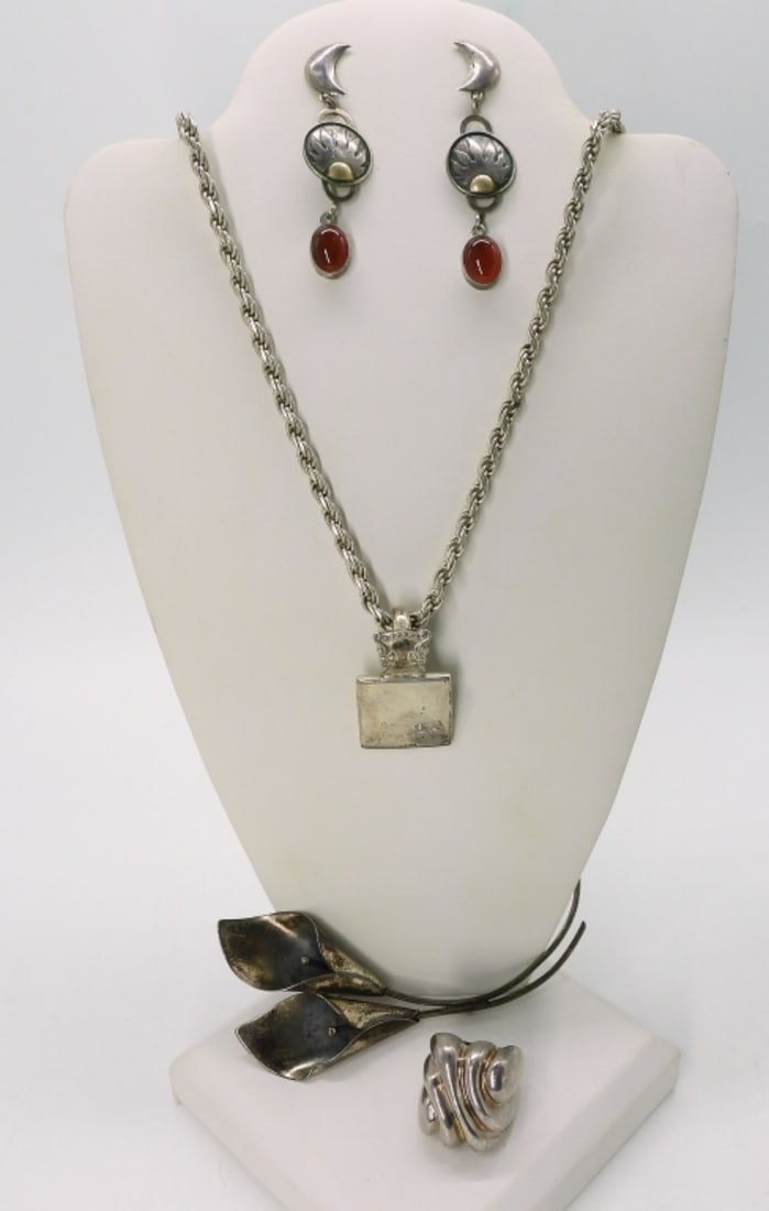 Vintage 925 Brooch, Earrings, Necklace, Ring: Necklace is 20". Pierced earrings, calla lily brooch, 3.5". Ring size 6.5 (40 dwt)