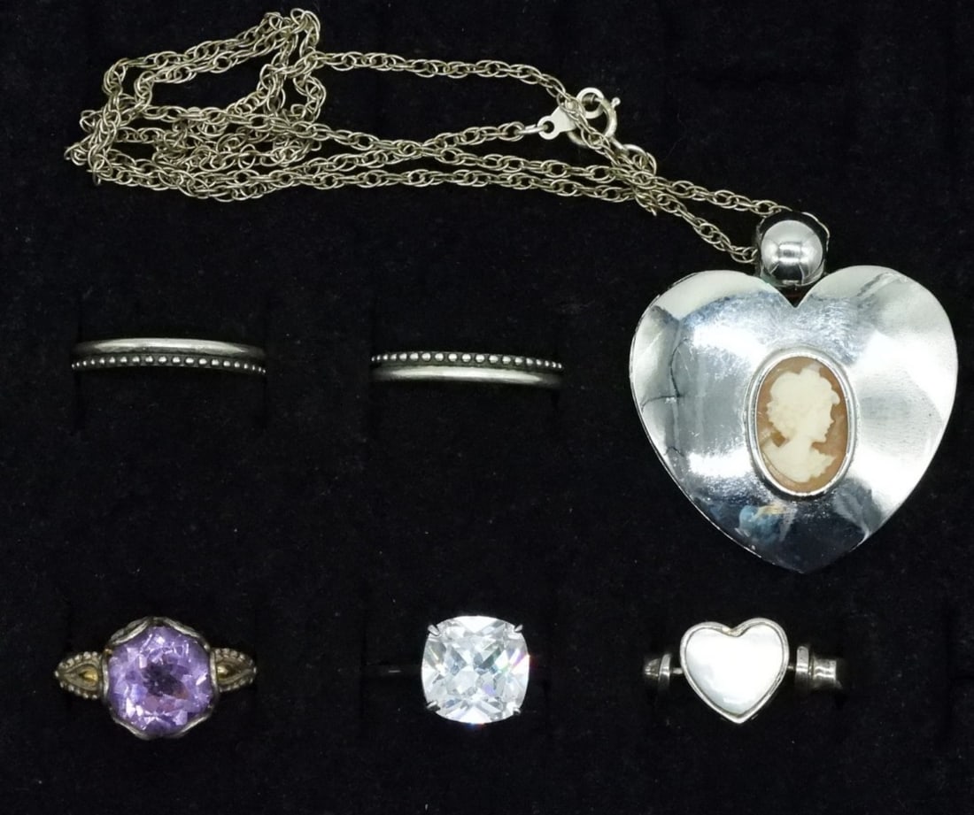 Cameo 925 Necklace & 5 Fashion Rings: Sterling Cameo necklace, 18" long. Five sterling rings, simulated diamond wedding set, amethyst & mother of pearl (two sided heart ring). Rings are size 6 & 7. (17.2 dwt)