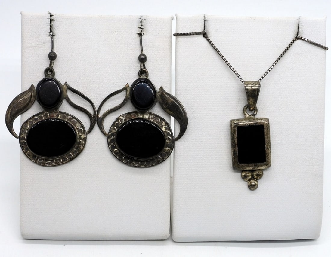 Mexico 925 Black Onyx Necklace & Earrings (1 of 2)