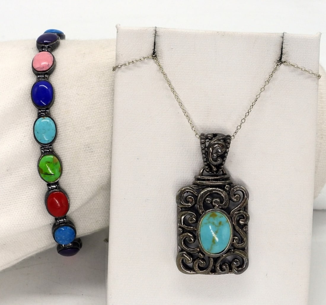 Turquoise 925 Necklace & Bracelet: Turquoise sterling necklace, 18". Pendant is 1.5" long. Multi gemstone sterling bracelet (925 Thailand), 7.5" long. (12.2 dwt)