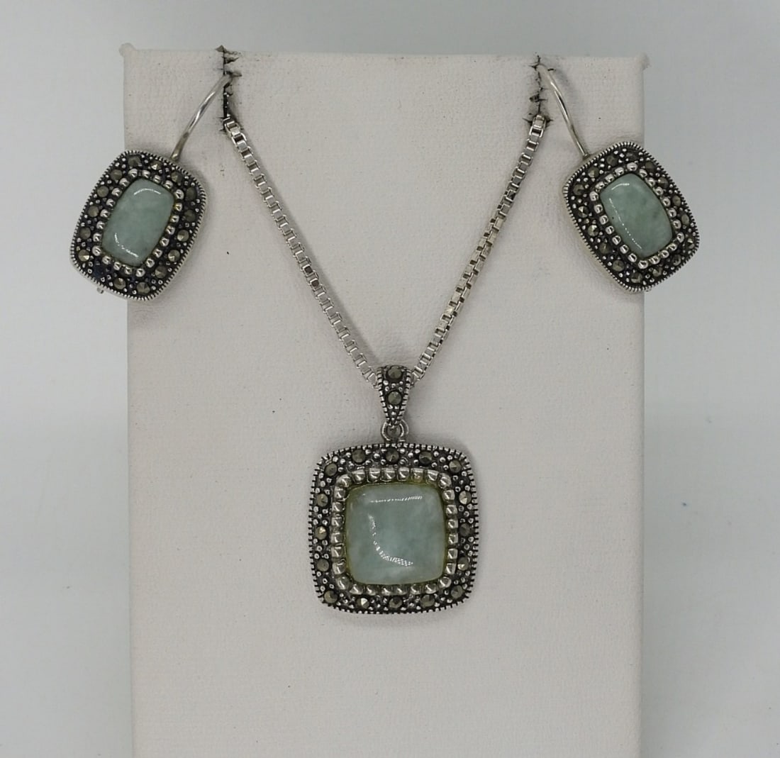 Sterling Marcasite & Jade Matching Set (1 of 2)