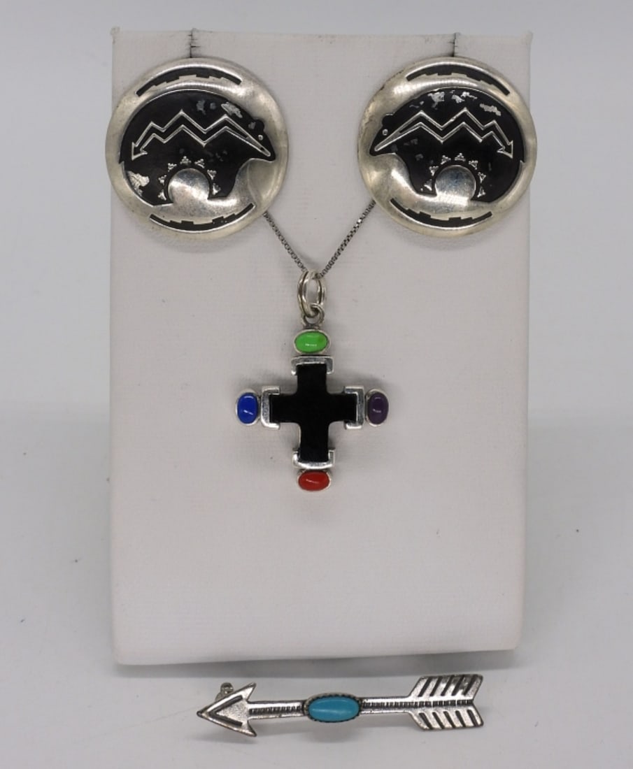 Southwest Style 925 Earrings, Pin & Necklace: Southwest style sterling necklace, 18". Arrow pin with turquoise gemstone, 1.5". Pierced sterling earrings, 1". (9.8 dwt)