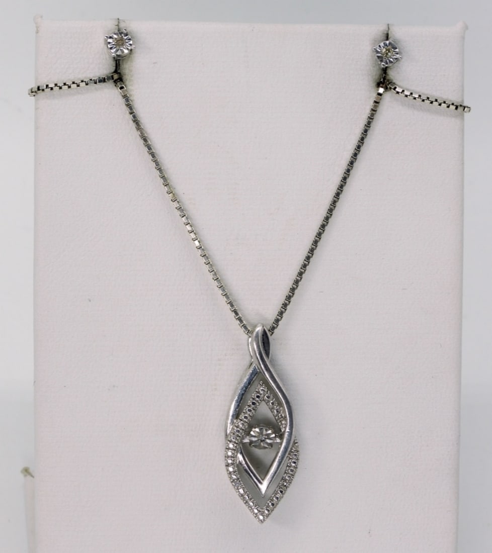 Diamond Stud Earrings & Necklace in 925: Matching sterling diamond necklace and pierced stud earrings. Tiny diamonds. Necklace is 20" long. (3.4 dwt)