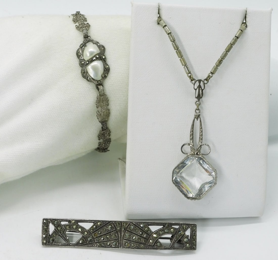 Antique Sterling Necklace, Bracelet, Pin: Antique sterling necklace, 18" long. Antique sterling and pearl bracelet, 7" long. Marcasite sterling brooch, 2.5" wide. (15 dwt)