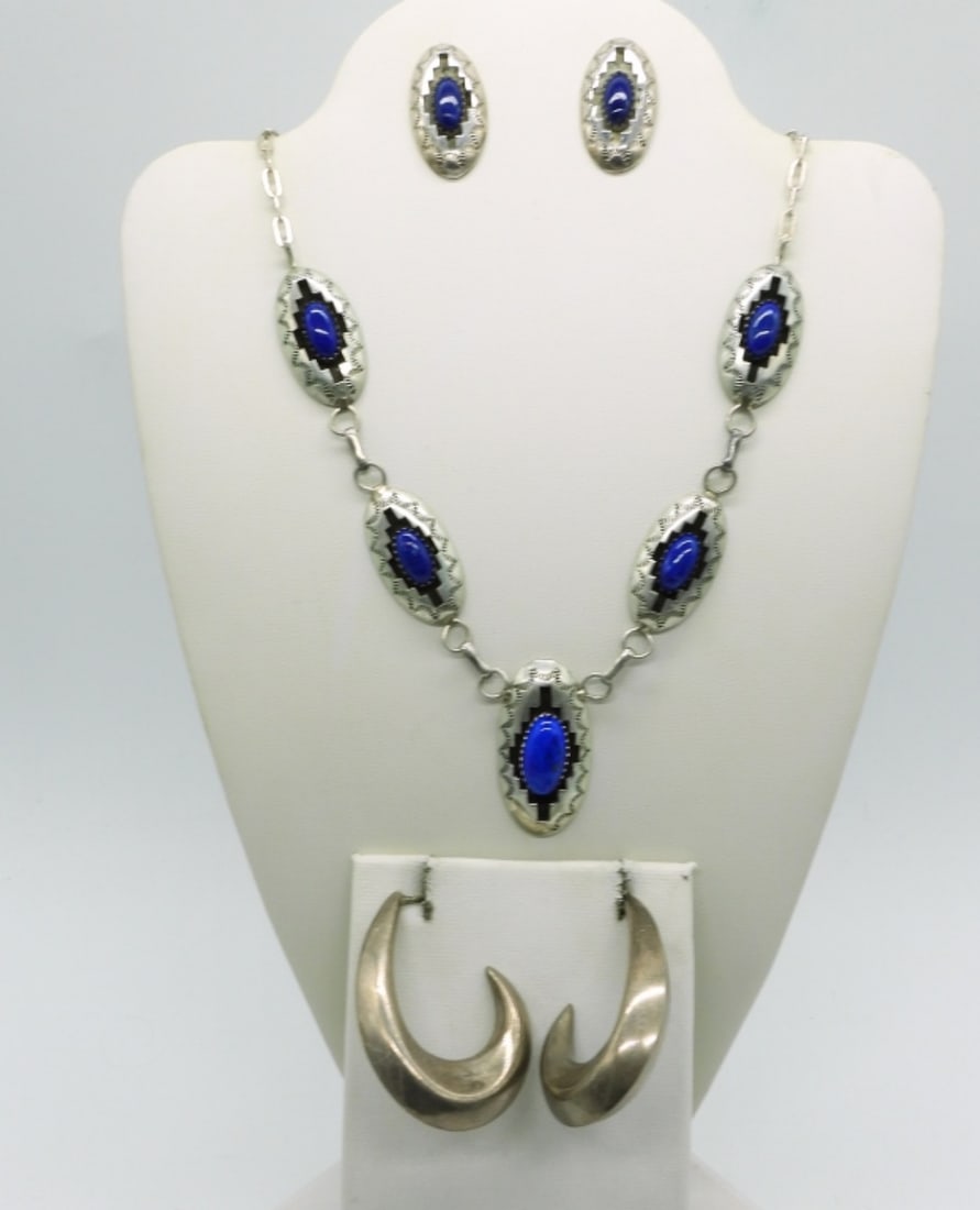 Lapis Lazuli Sterling Necklace & Earrings: Matching necklace & pierced earrings, Sterling with Lapis Lazuli gemstones. Necklace is 18" long. Matching pierced earring studs. Other pair of sterling pierced earrings, 1.5" long. (24 dwt)