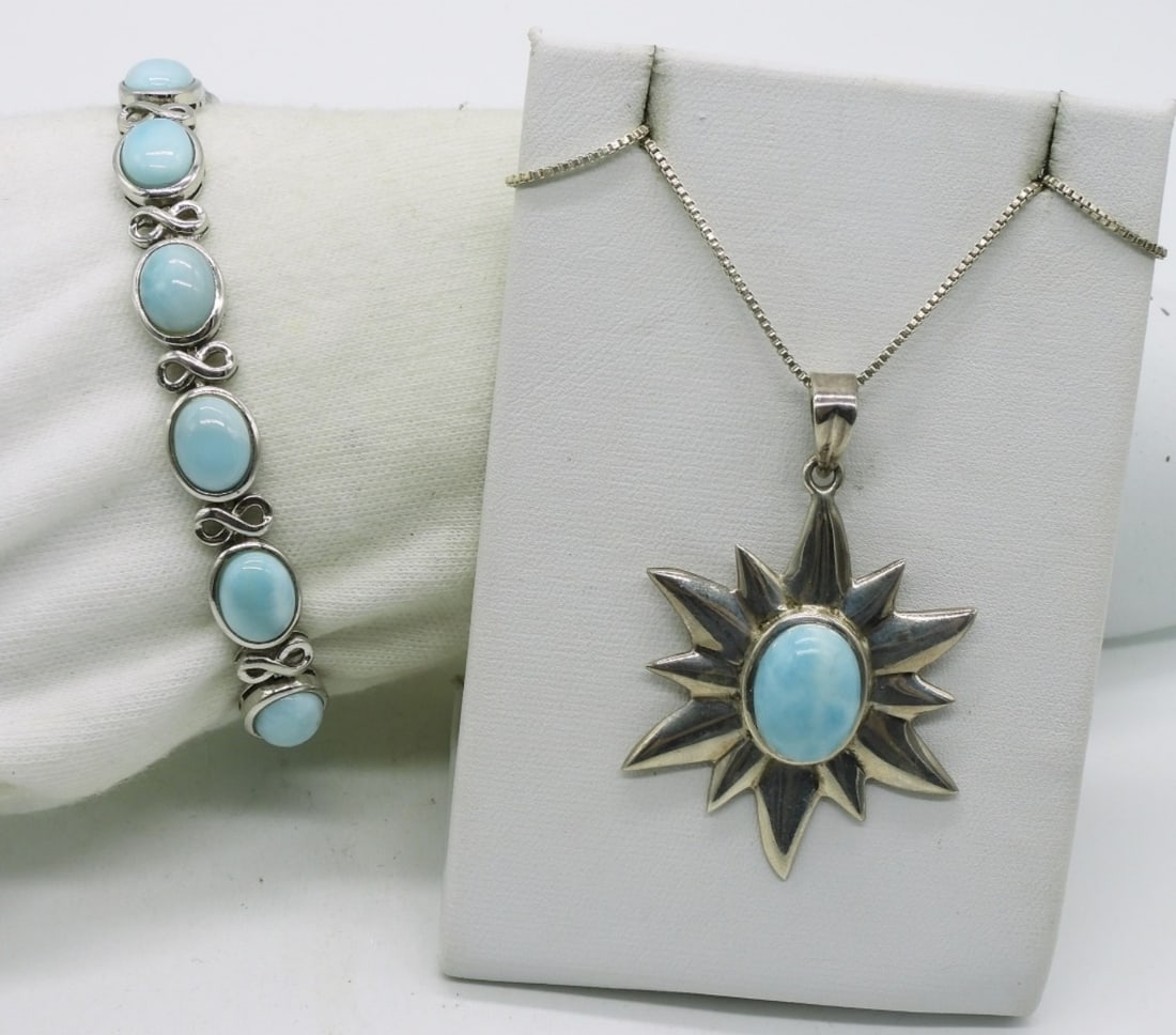 Larimar Sterling Necklace & Bracelet: Larimar sterling sun pendant, 2" long on a sterling 20" chain. Larimar bracelet is 7" long. (19.4 dwt)