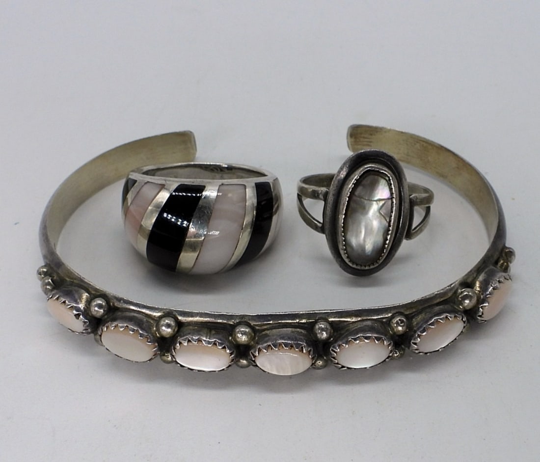 Vintage 925 Mother of Pearl Cuff & Rings (1 of 3)