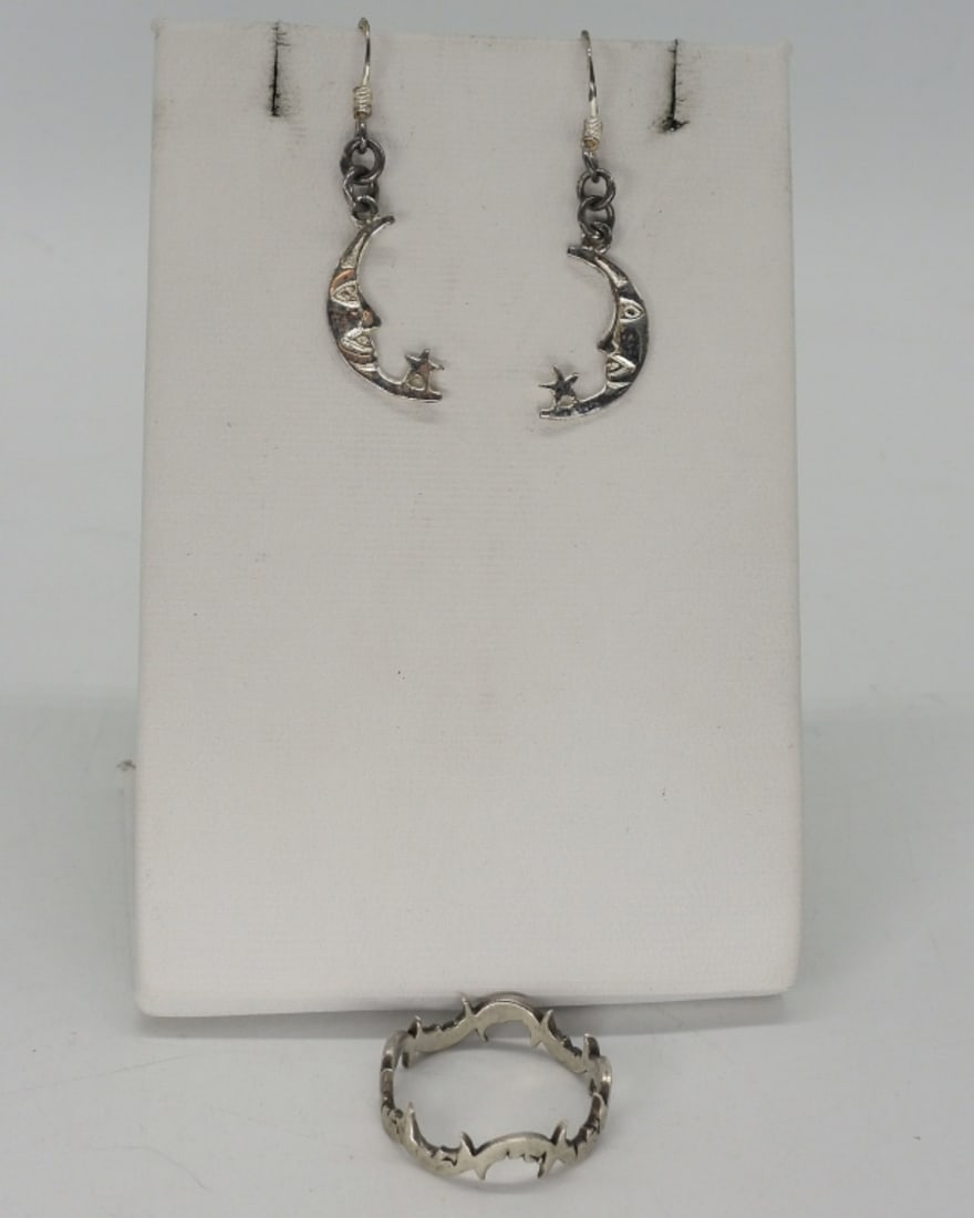 Moon & Stars Matching 925 Ring, Earrings: Sterling Moon and Stars ring size 6. Pierced matching earrings, 1 3/4" long. (2 dwt)