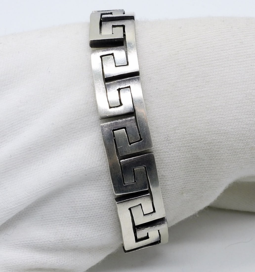 Taxco 925 Greek Key Link Bracelet: Taxco Mexico 925 Greek Key Link Bracelet, 7.5" long, 1/2" wide. "TJ-21 (38.6 dwt)