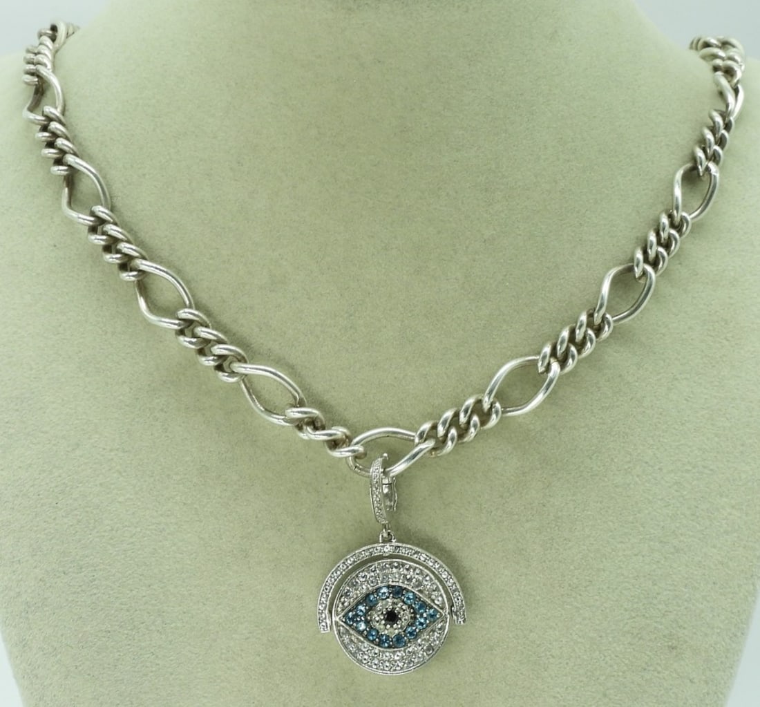 Hamsa - Evil Eye Pendant on Chunky Chain 925: Chunky sterling chain, 20" long with a sterling double sided pendant with simulated gemstones. (35 dwt)