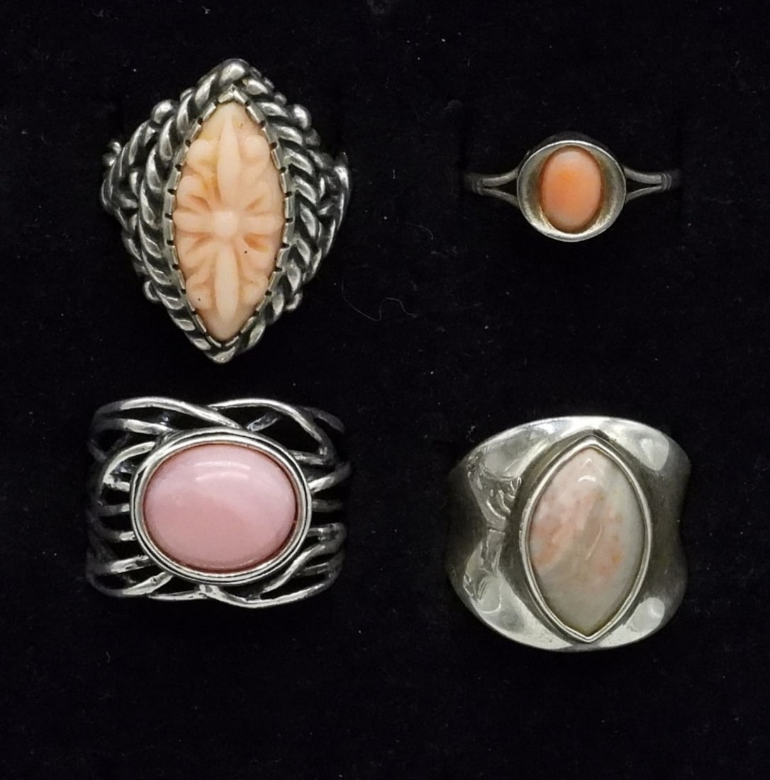 Carolyn Pollack Ring & 3 Other 925 Rings: Carolyn Pollack sterling pink gemstone ring, size 7. Three other sterling rings with pink gemstones, sizes 7 & 11. (16 dwt)